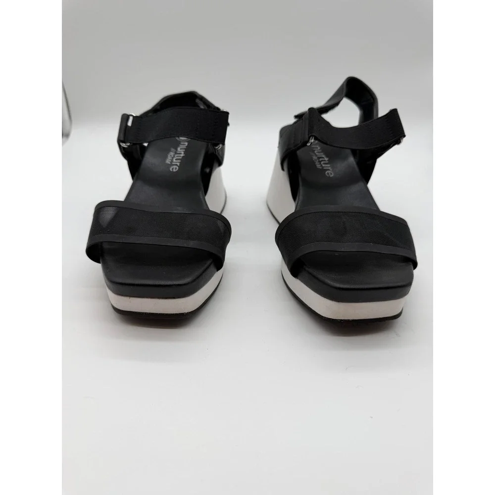 Nurture Profoam Black White Platform Wedge Sandals Square Toe Mesh‎ Strap 7.5M